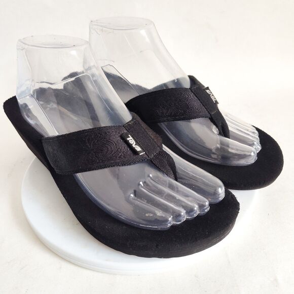Teva Sandals Mush Mandalyn Wedge 2 Slip On Flip Flops Black Comfort Women Size 9 - Picture 1 of 14